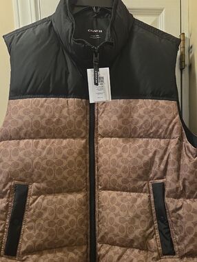 Coach Men’s Brown Monogram Puffer Vest with Black Yoke